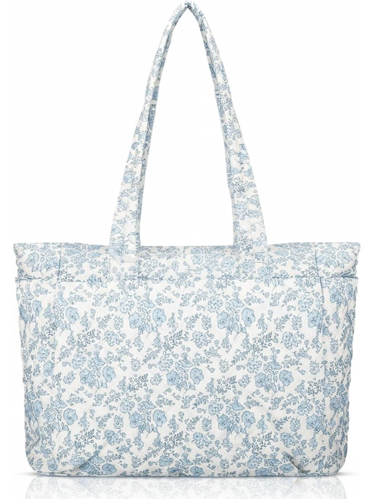 Women Blue Floral/Pink Bow Tote Bag Lightweight Puffy Tote Bag With Zipper Quilt